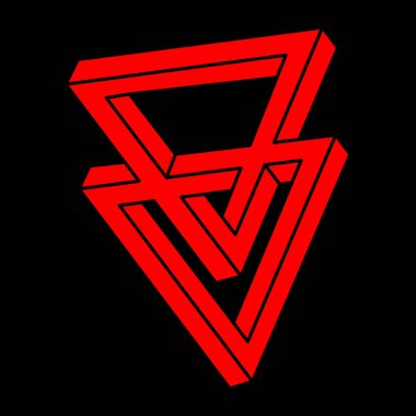 İmkansız şekiller. Kutsal geometri. Optik yanılsama. Soyut sonsuz geometrik nesne. İmkansız sonsuz ana hat logosu. Optik sanat. Siyah arka planda imkansız geometri sembolü. Satır sanatı.