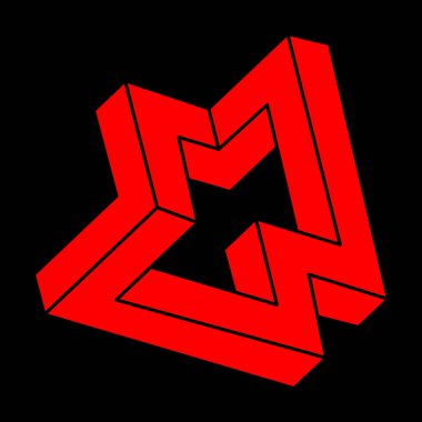 İmkansız şekiller. Optik illüzyon logosu. Kutsal geometri figürleri. Soyut sonsuz geometrik nesne. İmkansız sonsuz özet. Optik sanat. Siyah bir arkaplanda imkansız geometri şekli.