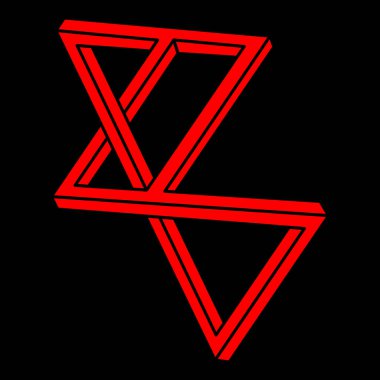 İmkansız şekiller. Kutsal geometri. Optik illüzyon logosu. Soyut sonsuz geometrik nesneler. Optik sanat. Siyah arka planda imkansız geometri sembolü. Çizgi çalışması. Escher tarzı.