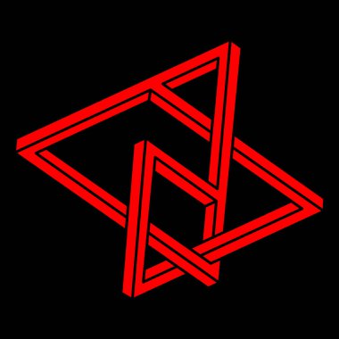 İmkansız şekiller. Kutsal geometri figürleri. Optik yanılsama. Soyut sonsuz geometrik nesneler. İmkansız sonsuz ana hat logosu. Optik sanat. Siyah bir arkaplanda imkansız geometri şekli.