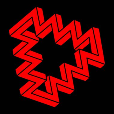 İmkansız şekiller. Kutsal geometri logosu. Optik illüzyon figürü. Soyut sonsuz geometrik nesneler. Optik sanat. Siyah arka planda imkansız geometri sembolü. Çizgi çalışması. Escher tarzı.