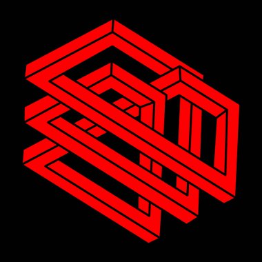 İmkansız şekiller. Optik yanılsama. Kutsal geometri figürü. Soyut sonsuz geometrik nesne. İmkansız sonsuz özet. Optik sanat. Siyah arka planda imkansız geometri şekli. Logo.