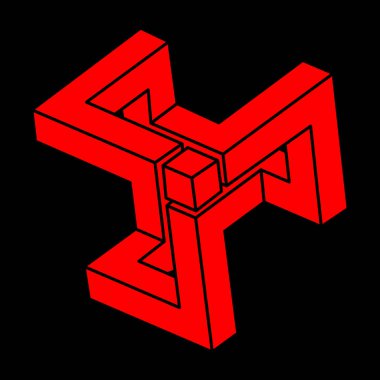 İmkansız şekiller. Kutsal geometri figürü. Optik yanılsama. Soyut sonsuz geometrik nesne. İmkansız sonsuz özet. Optik sanat. Siyah arka planda imkansız geometri şekli. Escher tarzı.