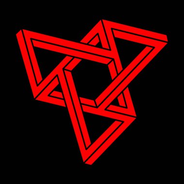 Optik illüzyon logosu. İmkansız şekiller. Kutsal geometri figürü. Soyut sonsuz geometrik nesneler. İmkansız sonsuz ana hatları. Optik sanat. Siyah bir arkaplanda imkansız geometri şekli.