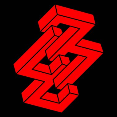 İmkansız şekiller. Kutsal geometri logosu. Optik illüzyon figürü. Soyut sonsuz geometrik nesne. Optik sanat. Siyah arka planda imkansız geometri sembolü. Çizgi çalışması. Escher tarzı.