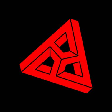 İmkansız şekiller. Optik illüzyon logosu. Soyut sonsuz geometrik nesneler. İmkansız sonsuz ana hat üçgeni. Siyah arka planda imkansız geometri sembolü. Optik sanat.