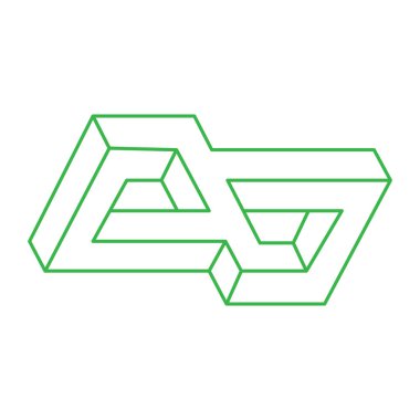 İmkansız yeşil şekil. Kutsal geometri figürleri. Optik yanılsama. Soyut sonsuz geometrik nesne. İmkansız sonsuz özet. Logo. Optik sanat. Beyaz arkaplanda imkansız geometri şekli.