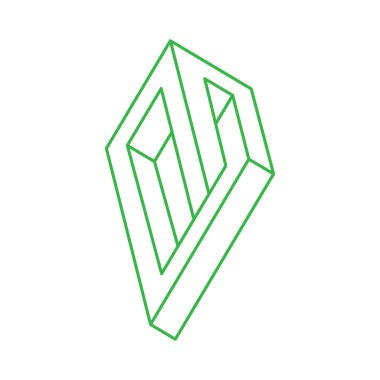 İmkansız bir şekil. Kutsal geometri figürü. Optik yanılsama. Soyut sonsuz yeşil geometrik nesne. Optik sanat. Beyaz arka planda imkansız geometri şekli. Logo. Escher tarzı.