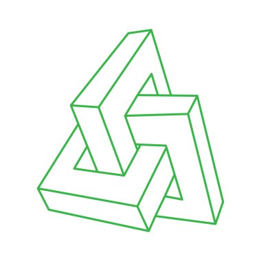 İmkansız şekiller. Logo. Optik yanılsama. Kutsal geometri figürü. Soyut sonsuz yeşil geometrik nesne. İmkansız sonsuz özet. Optik sanat. Beyaz arkaplanda imkansız geometri şekli.