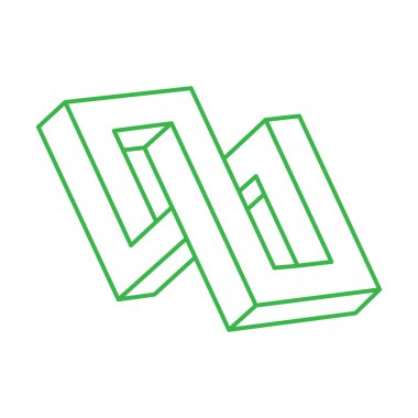 İmkansız şekiller. Kutsal geometri yeşili figür. Optik yanılsama. Soyut sonsuz geometrik nesneler. İmkansız sonsuz özet. Optik sanat. Beyaz arka planda imkansız geometri şekli. Logo.