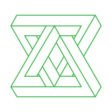 Optik yanılsama. İmkansız şekiller. Kutsal geometri figürü. Soyut sonsuz geometrik nesne. Logo. İmkansız sonsuz özet. Optik sanat. Beyaz arkaplanda imkansız yeşil geometri şekli.