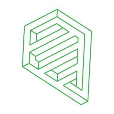 İmkansız şekiller, optik yanılsama yeşil figür, vektör. Escher paradoksu. Optik sanat objeleri. Geometri. Logo. 