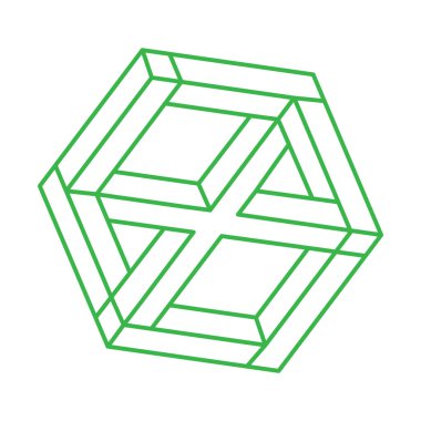 İmkânsız optik illüzyon şekilleri. Logo. Optik sanat objesi. İmkansız yeşil figür. Çizgi çalışması. Gerçekdışı geometrik nesneler. 