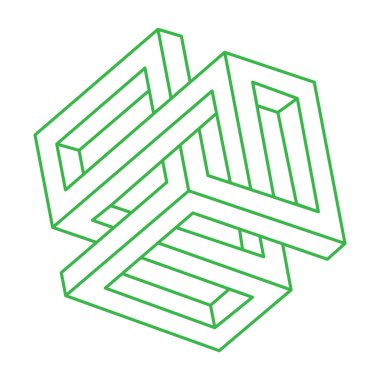 İmkânsız optik illüzyon şekilleri. Logo. Optik sanat yeşili nesne. İmkansız rakamlar. Çizgi çalışması. Gerçekdışı geometrik nesneler.
