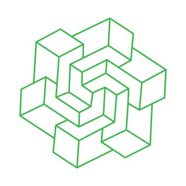 Escher paradoksu geometrisi. Optik yanılsama objeleri. Kutsal geometrik figürler. Optik sanat. İmkansız şekiller. 