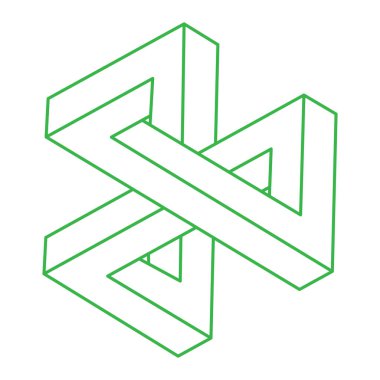 İmkansız şekiller. Kutsal geometri. Logo. Optik yanılsama. Soyut sonsuz geometrik nesne. Optik sanat. Beyaz arka planda imkansız geometri sembolü. Çizgi çalışması. Escher tarzı.