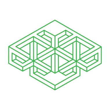 İmkansız şekiller. Kutsal geometri. Optik yanılsama. Soyut sonsuz geometrik nesneler. İmkansız sonsuz ana hat logosu. Optik sanat. Beyaz arka planda imkansız geometri sembolü. Satır sanatı.