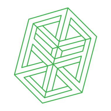 İmkansız şekiller. Kutsal geometri. Optik illüzyon figürleri. Soyut sonsuz geometrik nesneler. İmkansız sonsuz dış hat şekli. Operasyon sanatı. Beyaz arka planda imkansız geometri şekli. Satır sanatı.