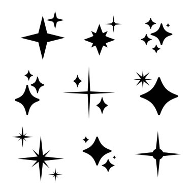 Beyaz arka planda parlayan, parıldayan siyah yıldızlar. Parıldayan yıldız minimalist sembolü. Retro simgeyi parlat. Göz kırp, güneş patlaması yıldız şekilleri koleksiyonu. Sihirli ışık patlaması düz şablonlar paketi.