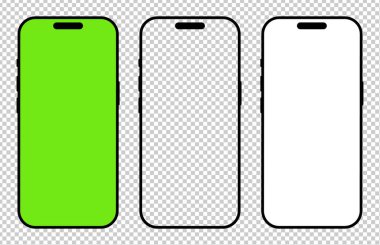 Akıllı telefon siyah çerçevesi. Gadget sembolü. Aygıt düz ön görünüm seti. Web sitesi tasarımı için işaretler, evet, mobil uygulama. Boş akıllı telefon yeşil ekran şablonu. Cep telefonu siyah simgesi beyaz arkaplan.