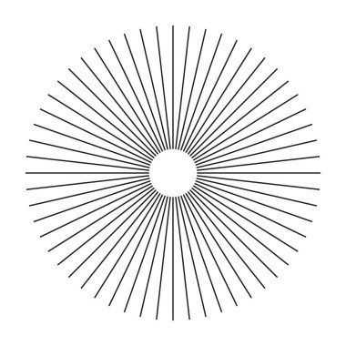 Dairesel çizgiler elemanı. Radyal çember çizgileri. Güneş ışınlarının sembolü. Siyah yayılan çizgili konuşmalar. Soyut illüzyon geometrik şekil. 