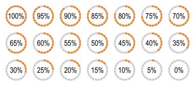 Yuvarlak diyagramlar bilgi grafikleri için 0 'dan 100' e kadar simgeler oluşturur. Yüzdelik bilgi elemanları. Turuncu, gri dolgu, bölünmüş turta grafikleri göstergesi. Daire düz grafik yükleme işlemi.