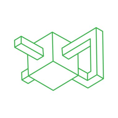 Optik illüzyon logosu. İmkansız vektörü şekillendirir. Optik sanat objeleri. Geometrik şekiller. Escher paradoksu. 