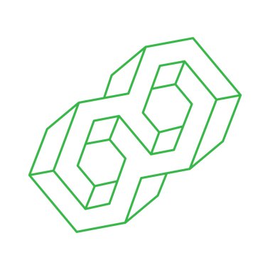 İmkansız bir şekil. Logo. Kutsal geometri figürü. Optik yanılsama. Soyut sonsuz geometrik nesne. İmkansız sonsuz özet. Optik sanat. Beyaz arka planda imkansız geometri şekli. Satır sanatı.