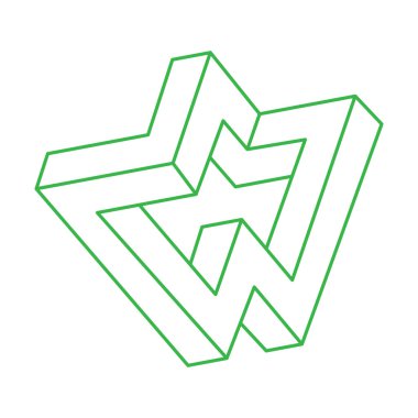 İmkansız şekiller. Kutsal geometri. Optik illüzyon logosu. Soyut sonsuz geometrik nesne. Optik sanat. Beyaz arka planda imkansız geometri sembolü. Çizgi çalışması. Escher tarzı.