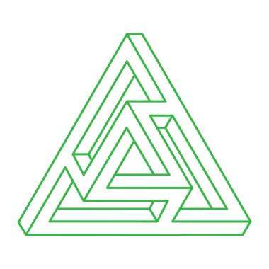 İmkansız şekiller. Optik illüzyon üçgeni. Soyut sonsuz geometrik nesne. İmkansız sonsuz ana hat logosu. Escher tarzı. Beyaz arka planda imkansız geometri sembolü. Optik sanat figürü.