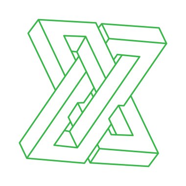 İmkansız şekiller. Kutsal geometri. Optik yanılsama. Soyut sonsuz geometrik nesne. İmkansız sonsuz ana hat logosu. Beyaz arka planda imkansız geometri nesnesi. İşlem sanatı.