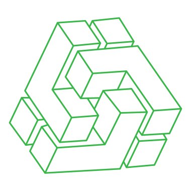 İmkansız şekiller. Kutsal geometri figürleri. Optik yanılsama. Soyut sonsuz geometrik nesne. İmkansız sonsuz ana hat logosu. Operasyon sanatı. Beyaz arka planda imkansız geometri şekli. Escher tarzı.