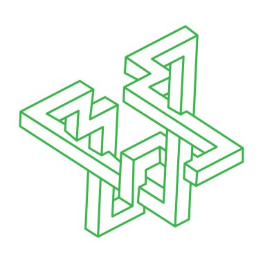 İmkansız şekiller. Kutsal geometri. Optik illüzyon figürleri. Soyut sonsuz geometrik nesneler. İmkansız sonsuz ana hatları. Operasyon sanatı. Beyaz arka planda imkansız geometri şekli. Satır sanatı.