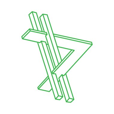 İmkansız şekiller. Logo. Kutsal geometri figürü. Optik yanılsama. Soyut sonsuz geometrik nesneler. İmkansız sonsuz özet. Çizgi çalışması. Operasyon sanatı. Beyaz arkaplanda imkansız geometri şekli.