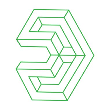 İmkansız şekiller. Kutsal geometri. Optik yanılsama. Soyut sonsuz geometrik nesne. İmkansız sonsuz ana hat logosu. Beyaz arka planda imkansız geometri nesnesi. Optik sanat.