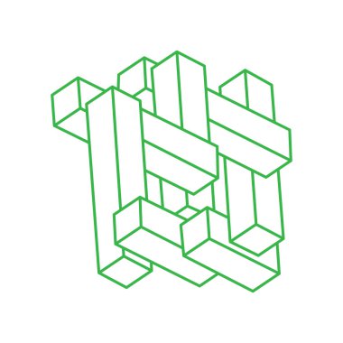 Optik yanılsama. İmkansız vektörü şekillendirir. Optik sanat objeleri. Logo. Geometrik şekiller. Escher paradoksu. 