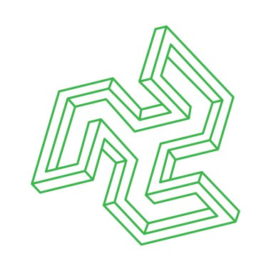 İmkansız şekiller. Kutsal geometri figürleri. Optik yanılsama. Soyut sonsuz geometrik nesne. İmkansız sonsuz ana hat logosu. Operasyon sanatı. Beyaz arka planda imkansız geometri şekli. Escher tarzı.