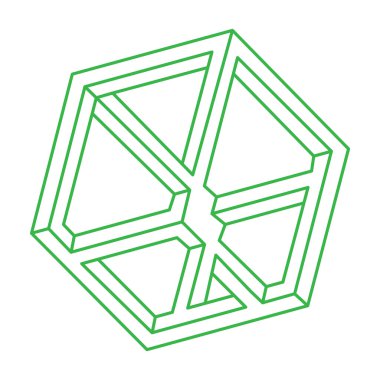 Optik illüzyon logosu. İmkansız şekiller. Kutsal geometri figürleri. Soyut sonsuz geometrik nesneler. İmkansız sonsuz ana hatları. Optik sanat. Beyaz arkaplanda imkansız geometri şekli.