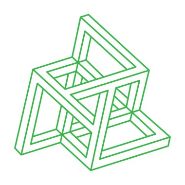 İmkansız şekiller. Kutsal geometri. Optik illüzyon logosu. Soyut sonsuz geometrik nesneler. Optik sanat. Beyaz arka planda imkansız geometri sembolü. Çizgi çalışması. Escher tarzı.