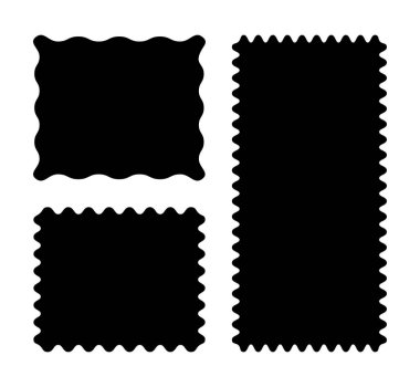 Kıvrımlı kenarlı basit dikdörtgen desenler. Dalga eğrisi düz çerçeveler. Moda siyah etiketler, boş metin kutuları, etiketler, pullar, krakerler, kıvrımlı, kıvrımlı, dalgalı kenarlı kuponlar.
