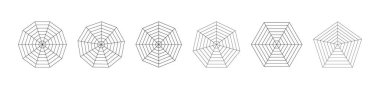Radar, örümcek diyagramı düz şablonlar. Örümcek ağı desenleri. Çokgen ince grafikler. İstatistik ve analitik diyagram. Boş radar kara çizelgeleri. Minimalist koçluk aracı. Bölümleri olan şebeke modellemeleri.
