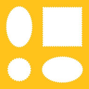 Bir dizi posta pulu çerçevesi. Boş daire, kare eski pullar. Boş sınırlar şablonu, kartpostallar için arka planlar, mektuplar. Düz etiketler, etiketler, kuponlar, kıvrımlı, dalgalı kenarlı kutular..