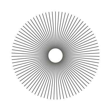 Radyal daire basit çizgiler. Dairesel çizgiler düz element. Güneş ışınlarının sembolü. Moda öğeleri tasarla. Radyasyon şeritli konuşmalar. Soyut illüzyon siyah geometrik şekil.