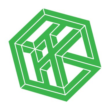 İmkansız şekiller. Optik illüzyon logosu. Kutsal geometri figürü. Soyut sonsuz geometrik nesne. İmkansız sonsuz özet. Optik sanat. Beyaz arkaplanda imkansız geometri şekli.