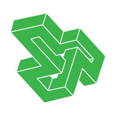 Optik illüzyon logosu. İmkansız şekiller. Kutsal geometri figürü. Soyut sonsuz geometrik nesneler. İmkansız sonsuz ana hatları. Optik sanat. Beyaz arkaplanda imkansız geometri şekli.
