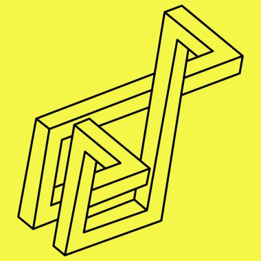 İmkansız şekiller. Kutsal geometri figürleri. Optik illüzyon objesi. Soyut sonsuz geometrik. İmkansız sonsuz özet. Çizgi çalışması. Optik sanat. Sarı arka planda imkansız geometri şekli.