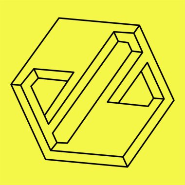 İmkansız bir şekil. Optik yanılsama. Soyut sonsuz geometrik nesne. İmkansız sonsuz özet. Sarı arka planda imkansız geometri sembolü. İşlem sanatı.