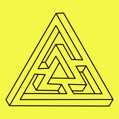 İmkansız şekiller. Kutsal geometri figürü. Optik illüzyon üçgeni. Soyut sonsuz geometrik nesne. İmkansız sonsuz özet. Çizgi çalışması. Operasyon sanatı. Sarı arka planda imkansız geometri şekli.