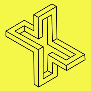 İmkansız bir şekil. Optik yanılsama. Soyut sonsuz geometrik nesne. İmkansız sonsuz özet. Kutsal geometri. Sarı arka planda imkansız geometri sembolü.