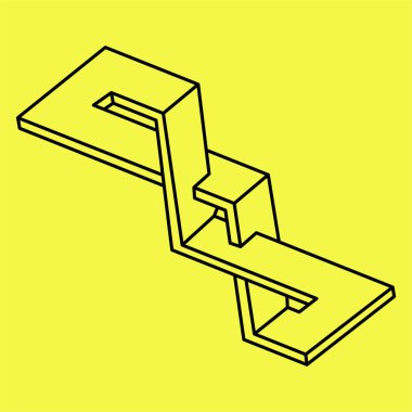 İmkansız şekiller. Kutsal geometri. Optik yanılsama. Soyut sonsuz geometrik nesne. Optik sanat. Sarı arka planda imkansız geometri figürü. 